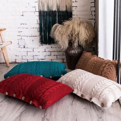 Button Open Solid Knit Cushion Cover Red Peacock Coffee Ivory Pillow Cover Soft For Sofa Bed Living Room Decorative 35x65cmcase