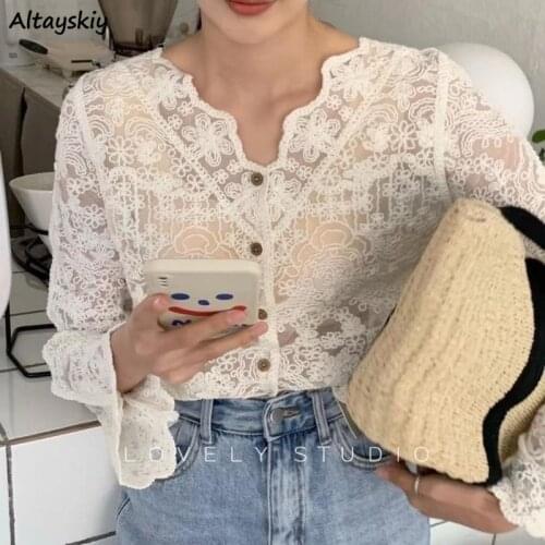 Perspective Shirts Women Lace Summer Thin Fashion Daily Soft Aesthetic Retro V-neck Ins Temperament Crop Top Mesh Elegant Tender