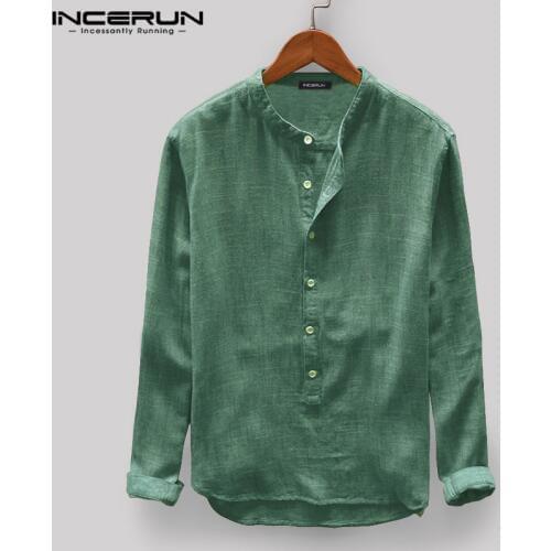 INCERUN Men Casual Shirt Stand Collar Long Sleeve Tops Pullover Leisure Button Japanese Men Basic Shirts Camisa Harajuku 2021