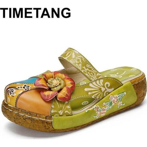 TIMETANG Flower Slippers Genuine Leather Shoes Handmade Slides Flip Flop On The Platform Clogs For Women Woman Slippers Plus