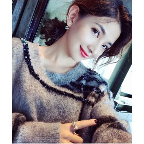 Loose Pullovers Knitted Feminine Jumpers New Autumn White Sequins O-neck Tops All-match Long Sleeve Women Knit Sweaters