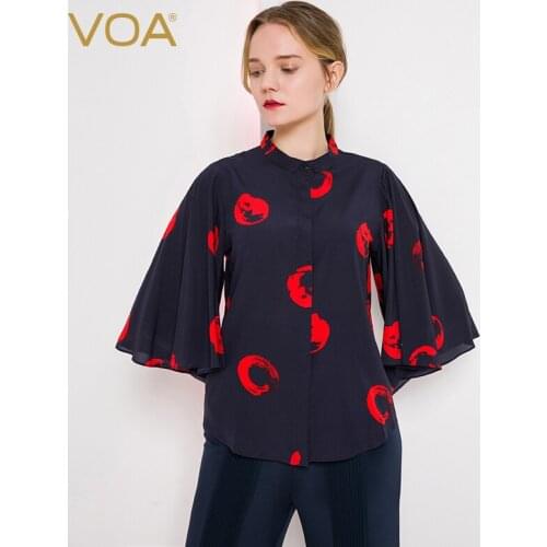 VOA Silk Thick Crepe De Chine Navy Red Lips Corporate Collar Horn Nine Point Sleeves Concealed Smudge Silk Shirt BJ193