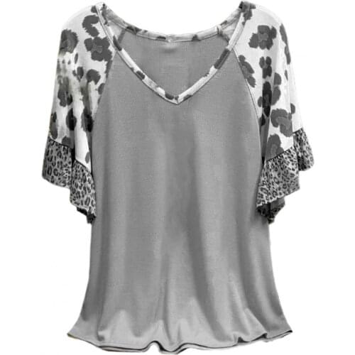 Summer Women T-shirt Ruffle Leopard Short Sleeve V Neck Blouse Top Streetwear for Work
