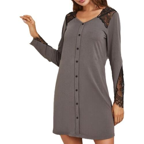 Womens Sexy Night Shirt Print Sleep Shirts Babydoll Long Sleeve Lace Patchwork Buttons Nightdress Nightgown Sleepwear