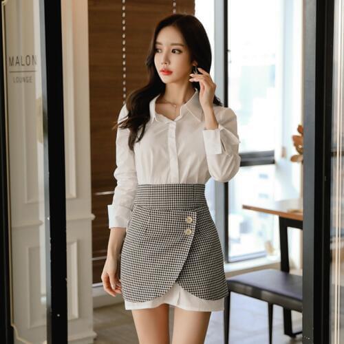 2020 Spring 2 Piece Set High-end Women Suit Long Sleeve White Long Shirt Dress and Plaid Mini Skirt Two Piece Sets Lady Vestidos