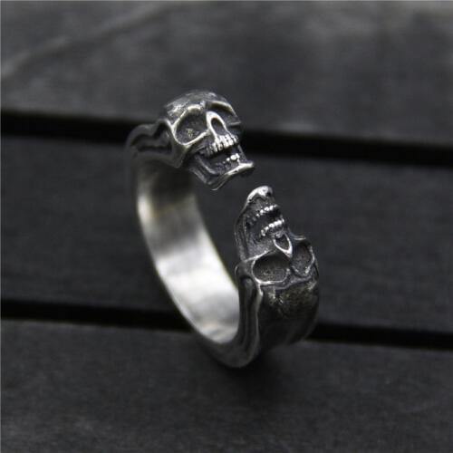 C&R 925 Sterling Silver Rings for Women retro double skull head punk style opening rings Fine Jewelry size 6-9 Adjustable