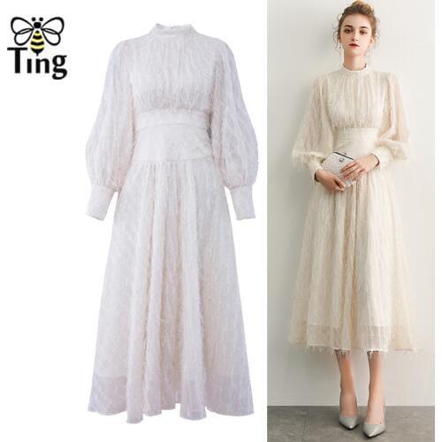 Tingfly Vintage Elegant White A line Party Night Dress Women Tassel High Waist Long Dress Casual Dress Vestidos Plus size 2XL