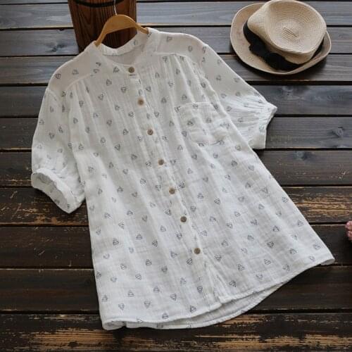 4495 Summer WomenS Blouse Japan Style Fresh Button Stand Collar Short Sleeve Shirt Female Loose Cotton Tops