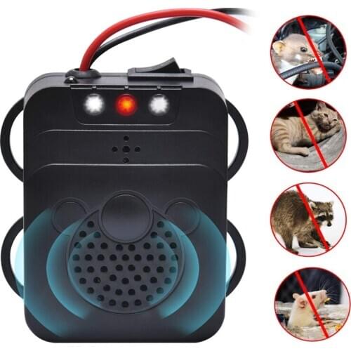 Car Under Hood Animal Pest Repeller Vehicle Rodent Repellent Ultrasonic Rat Deterrent Trap 12V Automobile With LED Flashlight
