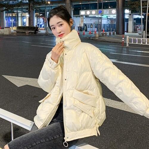 Womens Shiny Winter Jackets Solid Long Sleeve Stand Collar Ladies Puffer Coat Casual Zipper Pockets Cotton Liner Female Nice