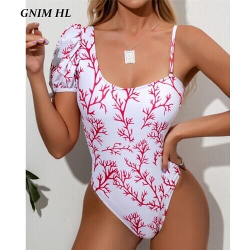 GNIM One Piece Swimwear Women Print Bikini Mujer 2020 Sexy One Shoulder Brazilian Swimsuit Women Summer Beachwear Bathing Suit
