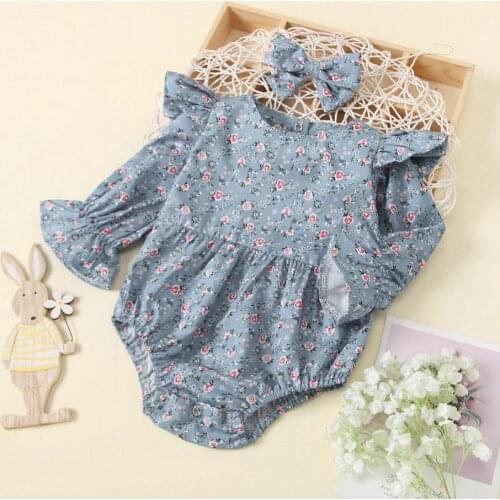 Sweet Style Baby Girls RompersOutfit Toddlers Summer Autumn Floral Printing Fly Long Sleeve Round Collar Romper Bow Headwear
