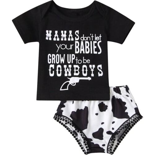 2 Pcs Baby Girls Outfits Summer Clothes Set Short Sleeve Letter T-shirt + Cow Print Lace Shorts Children Clothing Set