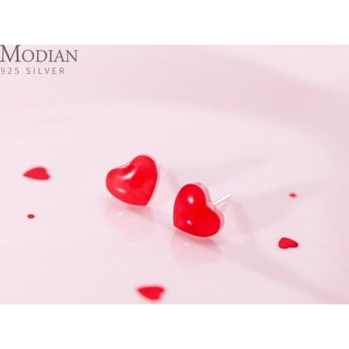 Modian Fashion 925 Sterling Silver Enamel Sweet Red Love Hearts Stud Earrings for Women Girl Lovely Mini Ear Pin Fine Jewelry