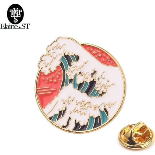 New Art Badge Sea Wave Landscape Artist Jewelry The great Wave Brooch Off the Coast of Kanagawa Pin Hokusai Painting