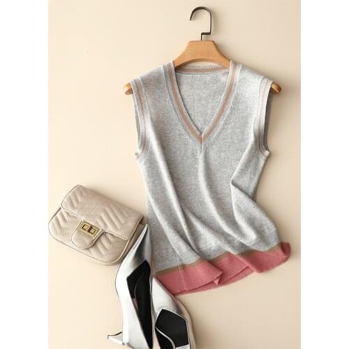 2022 autumn new styles knitted 100% cashmere tops ladies warm contrast soft pullovers sleeveless chic womens vest outerwear