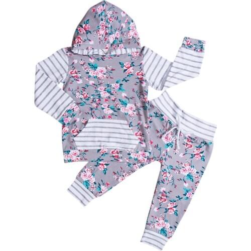 Autumn Floral Newborn Baby Girls Clothes Stripe Hooded Tops Pants 2Pcs Outfits Set
