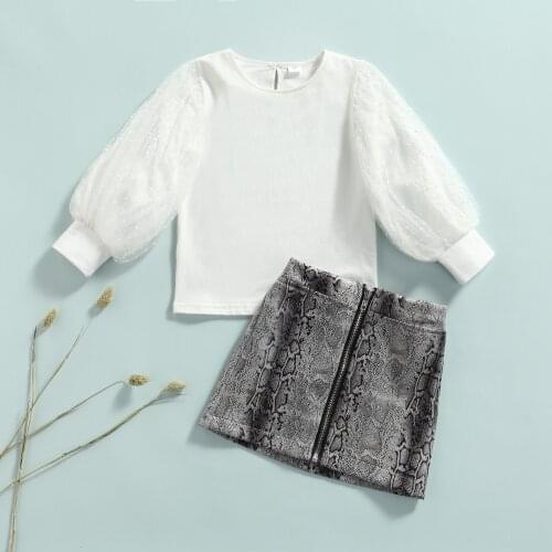 1-6Y Fashion Kids Baby girl Clothing Children Girl Outfits Dot Puff Sleeve Tops+Snake Print Zipper Skirt Outfit 2pcs