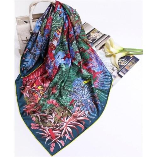 POBING 100% Real Twill Silk Scarf Women Foreast Print Square Scarves Wraps Hand Rolled Large Foulards Femme Bandana Hijab 90CM