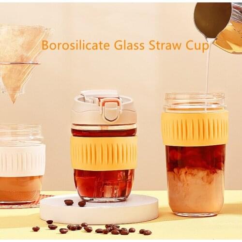 GF Portable Glass Coffee Cup with Sealed Lid and Straw Summer Drinking Bottles Travel Mugs Tumblers Two Ways for Drinking Cup