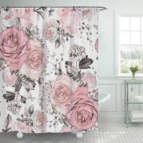 Pink flower shower curtain watercolor flower rose leaf bathroom curtain polyester waterproof shower curtain set with 12 hooks