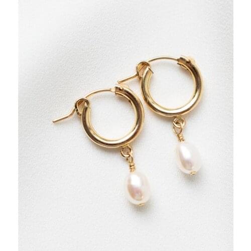 14K Gold Filled Natural Pearl Earrings 15MM Hoop Earrings Gold Jewelry Brincos Pendientes Oorbellen Handmade Boho Earrings