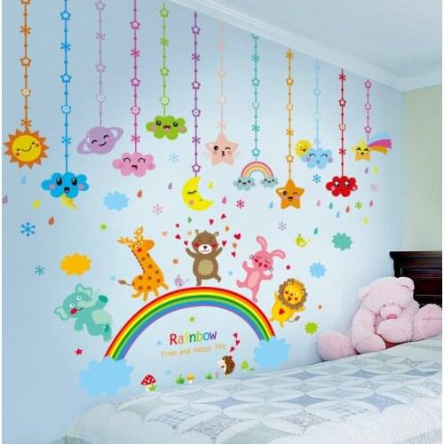 [SHIJUEHEZI] Cartoon Animals Rainbow Wall Stickers DIY Cloulds Stars Hangings Mural Decals for Kids Rooms Home Decoration