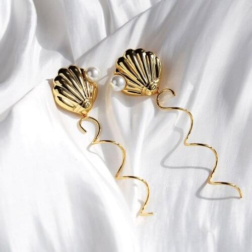 Shell shape artificial pearl earrings with 925 silver pin gold plated jewelry for women