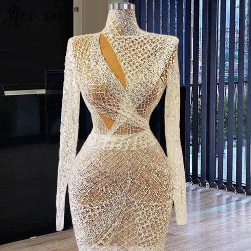 White High Neck Mermaid Evening Dresses Dubai Long Sleeve Muslim Party Prom Gowns Illusion Vestidos Longue Robes