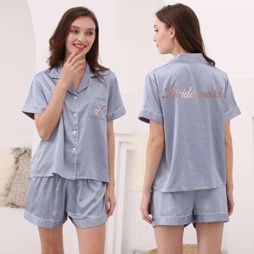 Women Pajamas Set Satin Pajama Sets Bride Bridesmaid Pajama Suit Sleepwear Short Sleeve Nightwear 2 Piece Set Rose Gold Print