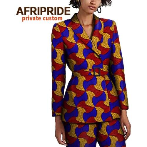 African Suit for Women Dashiki Printed Jackets and Ankara Pants Two Piece Set Slim Fit Outfits with Belt Wax Attire A2126001