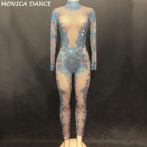 Women Sexy Stage Dj Jumpsuit Blue Diamonds Net Yarn Full Of Sparkling Crystals Bodysuit Nightclub Party Dancer Singer Stage Wear