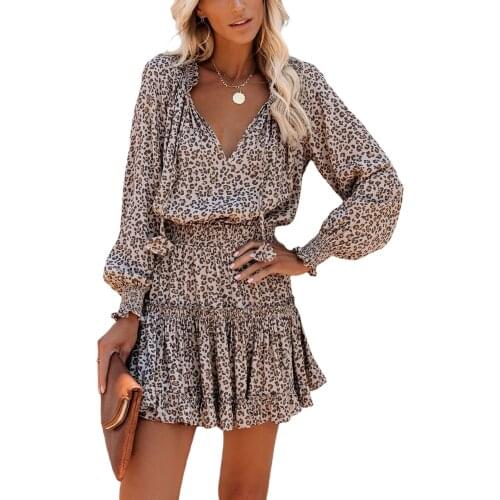 Women Autumn Layered Dress Elegant Solid ColorLeopard Long Sleeve V-neck Drawstring Vestidos Female Autumn Dress Clothes