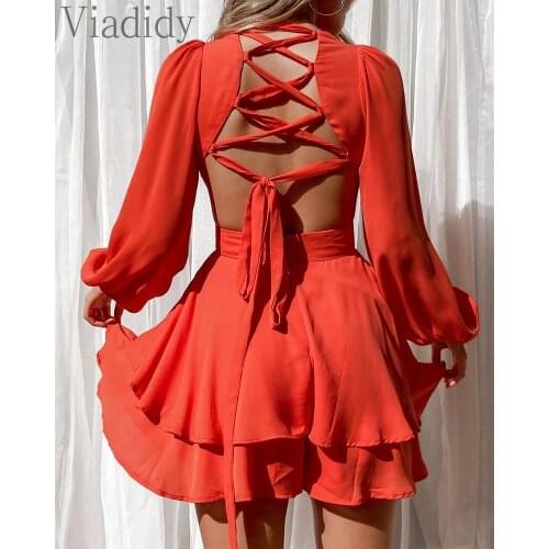 Women V Neck Lantern Sleeve Ruffles Lace-up Backless Dress