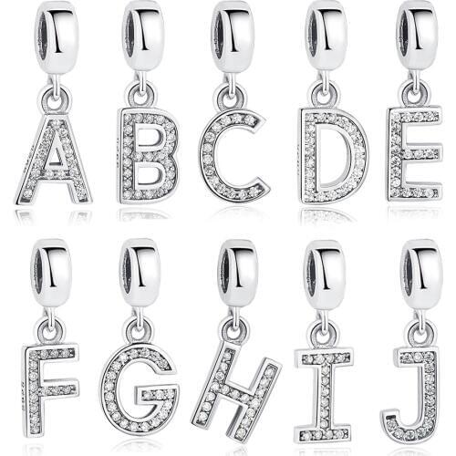 100% Sterling Silver Alphabet Letter Beads A-Z Crystal Charm Fit Charm Bracelet Silver 925 Original DIY Jewelry
