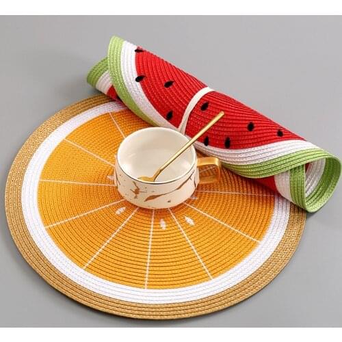 4 Pcs PP Woven Round Placemat Cartoon Fruit Dining Table Plate Mat Watermelon Lemon Drink Coasters Kitchen Accessories