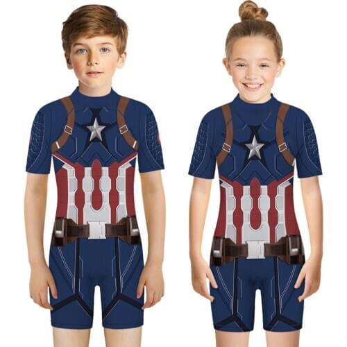 Captain America Printing Girl Kids Swimsuit One-piece Swimming Suit Short Sleeve Muslim Swimwear Bikini 2020 Summer Bathing Suit