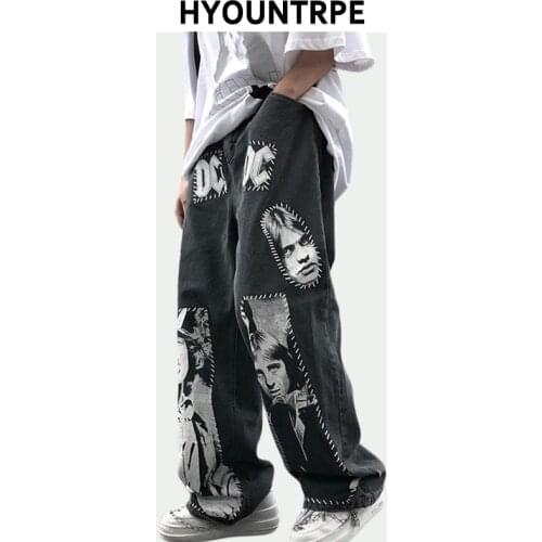 Mens High Street Denim Jeans Pants Casual Loose Zipper Straight Jeans Fashion Hip Hop Punk Printed Streetwear Wide Legs Joggers