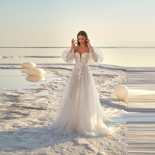 Elegant Illusion Off Shoulder Puffy Sleeve Tulle Wedding Dress Applique A line Gown Romantic Fairy Vintage Custom Made