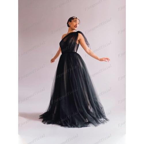 Greek Goddess Black A-Line Tulle Dresses 2022 Fashion One Shoulder Formal Party Dress Prom Gowns Womens Summer Party Gown