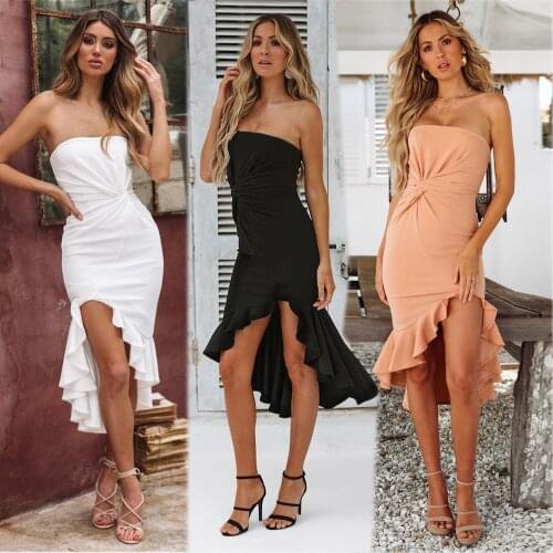 Strapless Summer Casual Dress Ruched Ruffles Asymmetrical Semi Formal Cloth