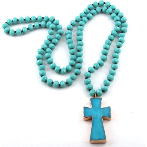 Fashion Aqua Long Crystal Glass Knotted Cross Pendant Necklaces For Bohemian Tribal Jewelry