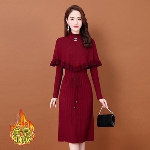 Autumn Winter New Long-Sleeved Dress Loose plus Size Vest Two-Piece Suit with a Shawl Woman Dresses Vestido De Mujer Femme Robe
