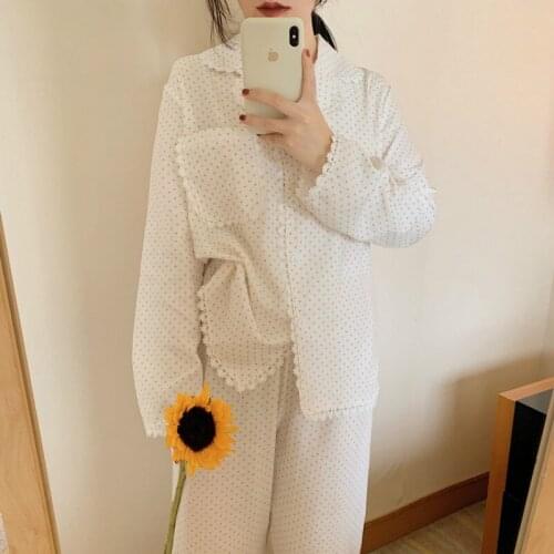 Autunm Lace Women Home Suit Pants Pijamas Pockets Long Sleeve Shirts Lounge Wear 2 Piece Set Sleepwear Polka Dot Pajamas Set