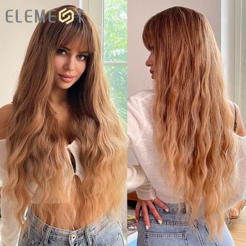 Element Long Body Curly Synthetic Wig with Bangs Ombre Brown Hair Wigs for Women Daily Party Cosplay Heat Resistant