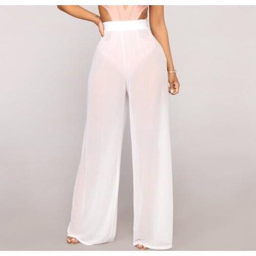 Sexy Elastic Waist Thin Striaght Streetwear Bohemian High Waist Wide Leg See Through Trousers Beach Long Loose Mesh Sheer Pants