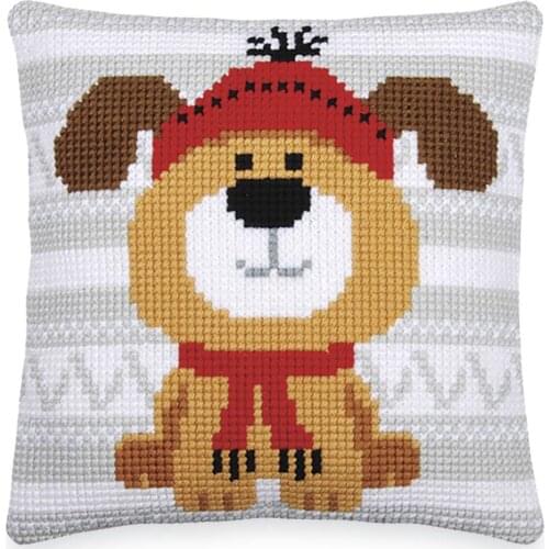 DIY Cross Stitch Cushion Front Cartoon Dog Needlepoint Kits Printed Canvas Chunky Yarn Cross-stitch Pillow Case Arts & Crafts