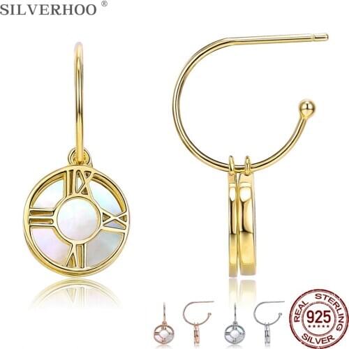 SILVERHOO Women Earrings Real 925 Sterling Silver 3 Colors Circle Roman Numerals Golden Earring Studs Fine Jewelry New Arrival