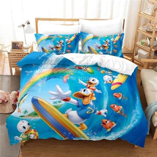 Blue Disney Donald Duck Summer Surfing Print Bedding Set Single Twin Double Queen King Size Bed Linen Duvet Cover Set Pillowcase