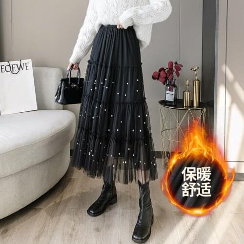 2020 New Autumn Winter Women Thicken Fleece Warm Skirt High Quality Fashion Beading Mesh Patchwork High Waist Slim Long Skirt